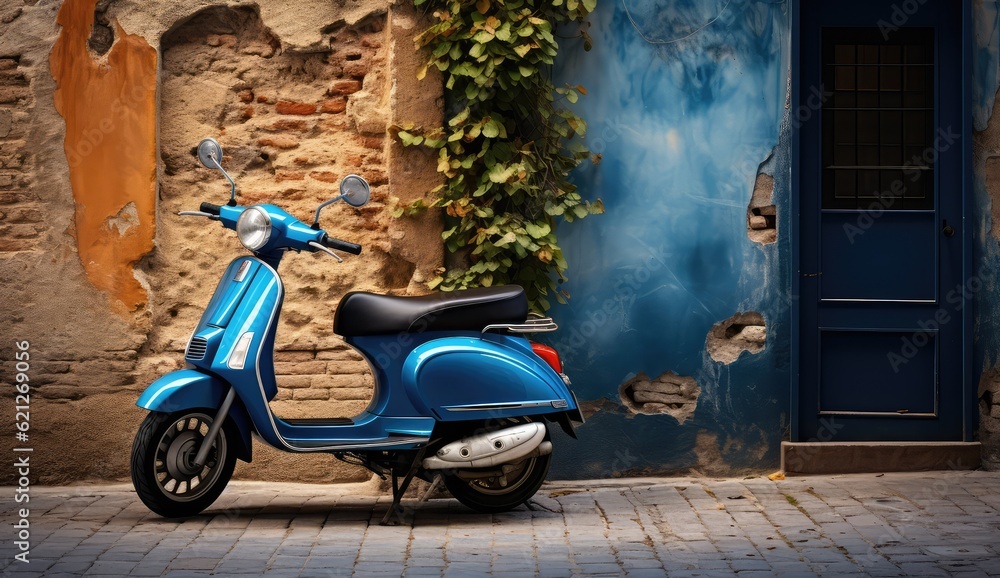 blue scooter parked in front of a brick wall