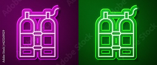 Glowing neon line Aqualung icon isolated on purple and green background. Oxygen tank for diver. Diving equipment. Extreme sport. Diving underwater equipment. Vector