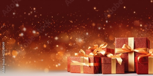 New Year banner with red Christmas gift boxes and golden decorations on dark red background. © Slanapotam