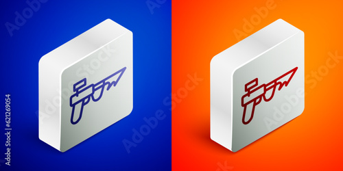 Isometric line Fishing harpoon icon isolated on blue and orange background. Fishery manufacturers for catching fish under water. Diving underwater equipment. Silver square button. Vector