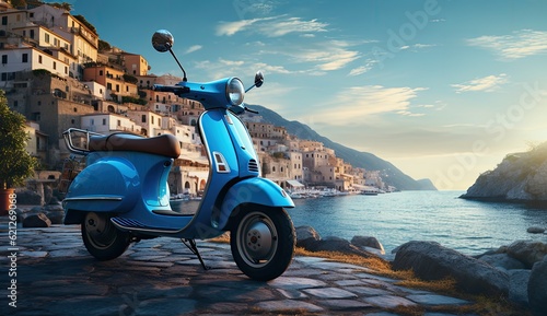 blue scooter parked in front of a brick wall