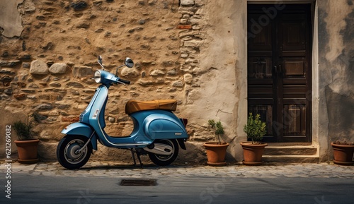 Fototapeta Naklejka Na Ścianę i Meble -  blue scooter parked in front of a brick wall