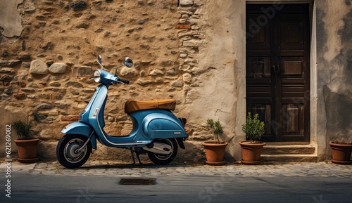 blue scooter parked in front of a brick wall