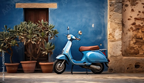 blue scooter parked in front of a brick wall