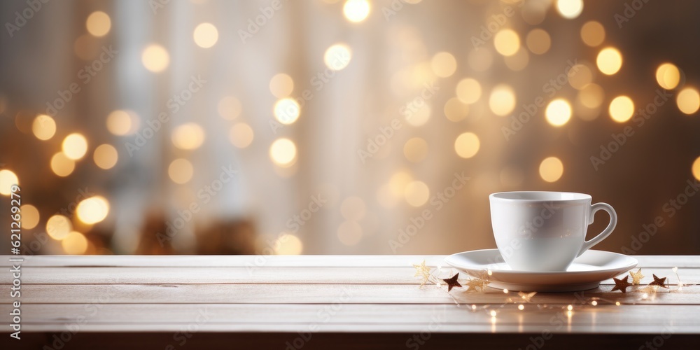 Cozy autumn winter banner template, steaming coffee tea cup, blurred background Cozy autumn winter banner template, steaming coffee tea cup, blurred background