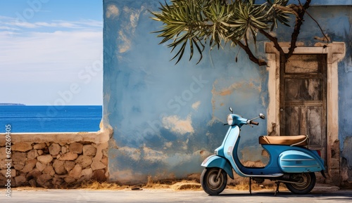 Fototapeta Naklejka Na Ścianę i Meble -  blue scooter parked a wall summer background
