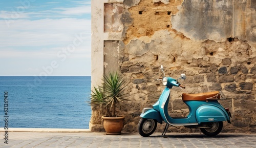 Fototapeta Naklejka Na Ścianę i Meble -  blue scooter parked a wall summer background