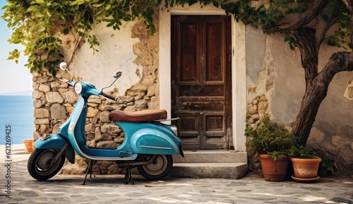 Fototapeta Naklejka Na Ścianę i Meble -  blue scooter parked a wall summer background
