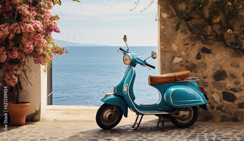 Fototapeta Naklejka Na Ścianę i Meble -  blue scooter parked a wall summer background