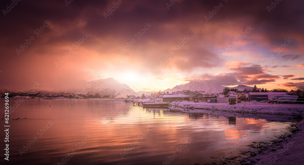 Majestic Sunset view of the picturesque fishing village. Winter vivid landscape. Sunset in Norway, Lofoten islands.