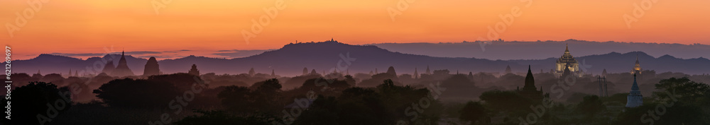 The incredible valley of the temples in Pagan Myanmar Burma during sunset in very high detail
