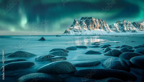 Rocky beach in winter with northern lights. Magical night landscape. Sea coast with stones, blurred water, snowy rocky mountains, aurora borealis  at dusk. Uttakleiv beach in Lofoten islands, Norway photo