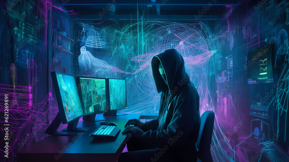 anonymous hacker male sit with laptop over smoky colorful space. professional programmer, male sit in mask in hood. Generative AI