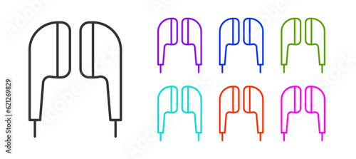 Black line Air headphones icon icon isolated on white background. Holder wireless in case earphones garniture electronic gadget. Set icons colorful. Vector