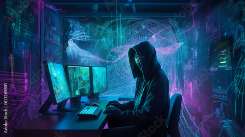 anonymous hacker male sit with laptop over smoky colorful space. professional programmer, male sit in mask in hood. Generative AI
