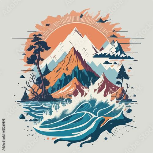 Vintage Mountain classic art design colors t-shirt in vector illustration. Majestic Pinnacles  Vintage Mountain Glory.