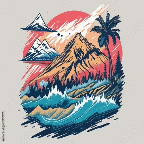 Vintage Mountain classic art design colors t-shirt in vector illustration. Mountains of Yesteryear: Classic Artistry.