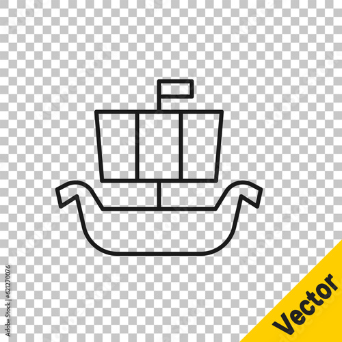 Black line Ancient viking scandinavian drakkar icon isolated on transparent background. Viking transport ship. Vector