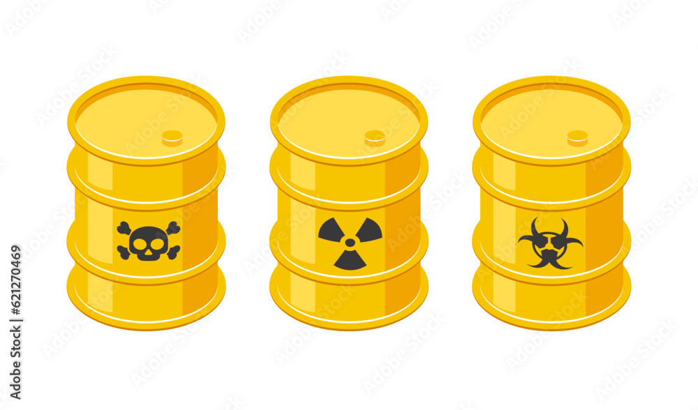 Isometric barrels with toxic waste, vector icons Isometric barrels with toxic waste, vector icons