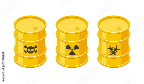 Isometric barrels with toxic waste, vector icons