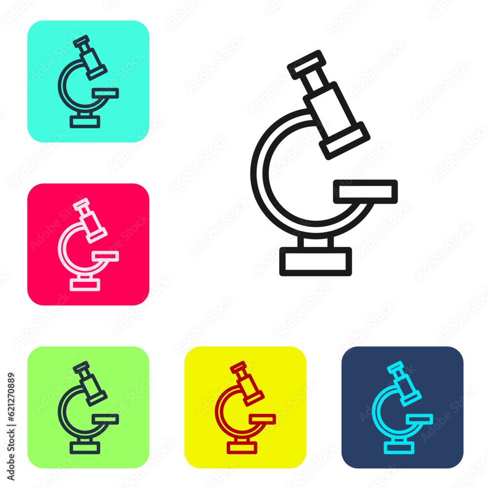 Black line Microscope icon isolated on white background. Chemistry, pharmaceutical instrument, microbiology magnifying tool. Set icons in color square buttons. Vector Black line Microscope icon isolated on white background. Chemistry, pharmaceutical instrument, microbiology magnifying tool. Set icons in color square buttons. Vector