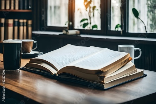 A book on a study table nearby a glasses and cup of coffee in a study room (1)