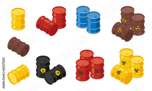 Isometric barrels with toxic waste, vector icons