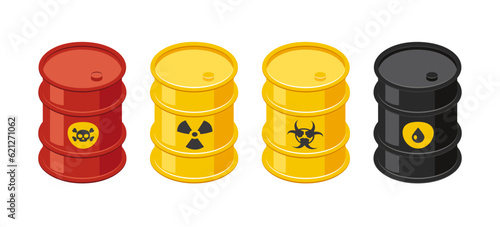 Isometric barrels with toxic waste, vector icons