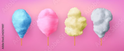 Cotton candy. 3d sweet sugar cloud different colors, white and pink fluffy floss, blue fair stick, carnival dessert. Delicious confection for kids party. Vector exact isolated objects
