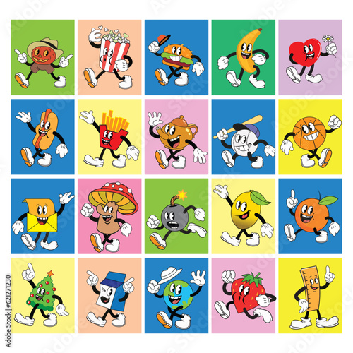 Set of vintage funny cartoon mascots, flat characters, comic illustration. Cartoon mascot set