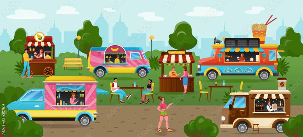 Street food. Park fair with meal festival event. City marketplace. Outdoor shops. Coffee and ice cream trucks. People eat takeaway snacks. Fastfood van. Vector tidy cartoon illustration Street food. Park fair with meal festival event. City marketplace. Outdoor shops. Coffee and ice cream trucks. People eat takeaway snacks. Fastfood van. Vector tidy cartoon illustration