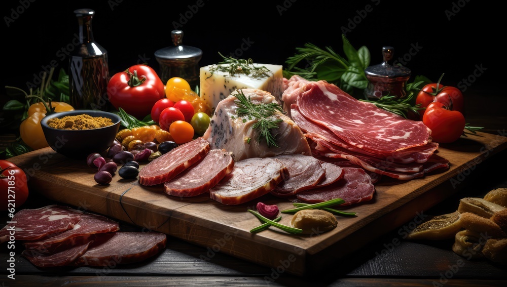 Delicious slices of meat on a wooden board