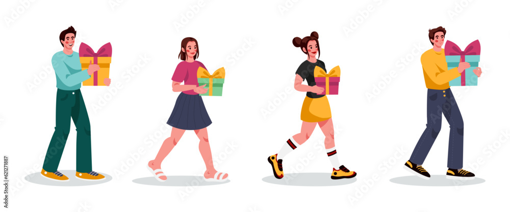 Friends carry gifts. Character group with present box, people walking and buying goods, persons on sale. Giveaway winners. Happy party men and women. Vector tidy illustration concept