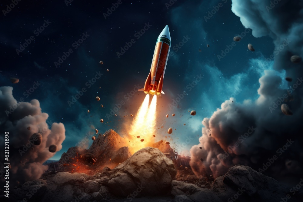 Rocket flying through space out of the earth.