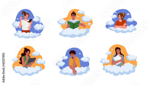 People dreaming in clouds. Mental health, wellbeing happy person, girl in love. Thoughtful boy, daydreaming characters. Vector cartoon flat tidy illustration happiness and imagination set