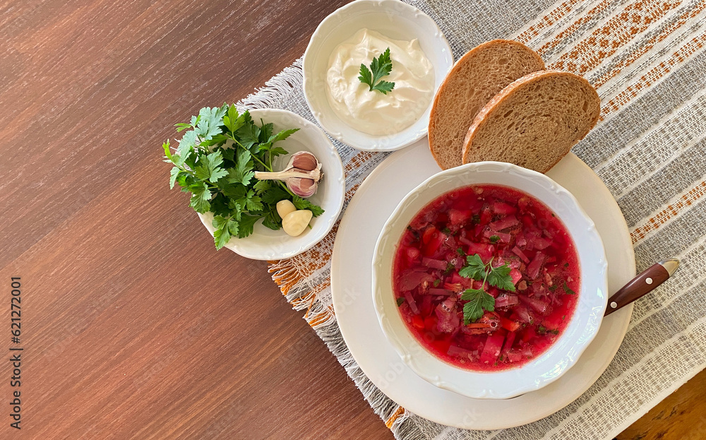 Borscht beet soup with bread and sour cream Borscht beet soup with bread and sour cream