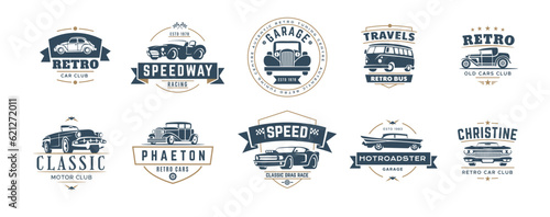 Car logo. Vintage auto emblem. Classic retro wheel. Old race with motor elements. American repair label. Automobile club badge. Transport garage. Bus travel symbol. Vector design icons set