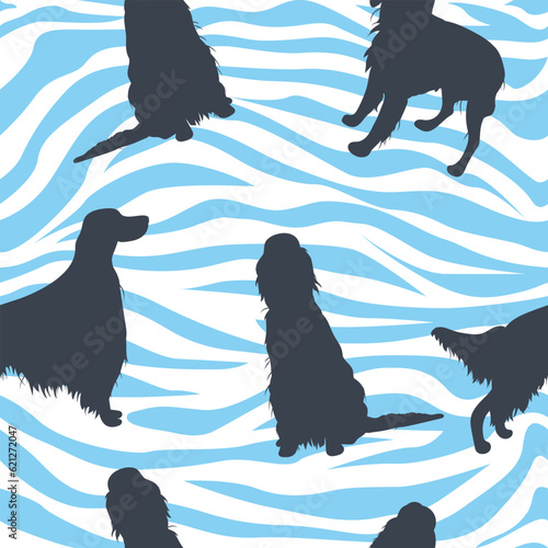 Dog silhouettes pattern fabric. Elegant, soft seamless background, abstract background with Irish setter dog shapes for Dog Lovers. Blue and white creative zebra. Birthday fashion present wrapping