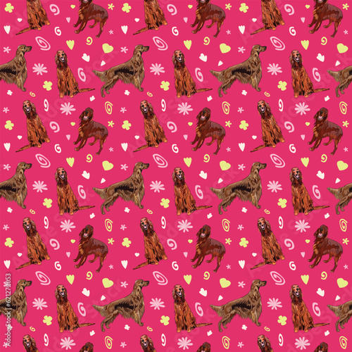 Spring pattern with spirals, leaf, flowers and Irish setter dogs. Bright colors. Elegant, soft seamless background, abstract summer pattern with hand-drawn colorful shapes. Delicate, gender-neutral.