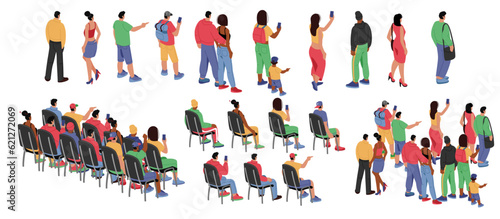 Audience back view. People crowd. Event in class. Persons sitting on chairs behind on concert. Cheering characters. Lecture spectators in auditorium. Vector illustration elements set
