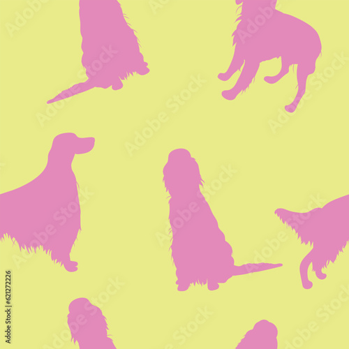 Dog silhouettes pattern fabric. Elegant, soft seamless lemon background, abstract background with Irish setter dog shapes for Dog Lovers. Pink and yellow seamless Birthday present wrapping paper.