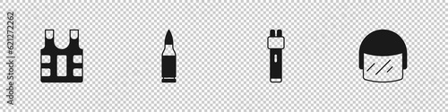 Set Bulletproof vest, , Police electric shocker and helmet icon. Vector