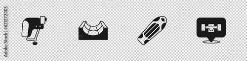 Set Skateboard helmet, park, deck and wheel icon. Vector