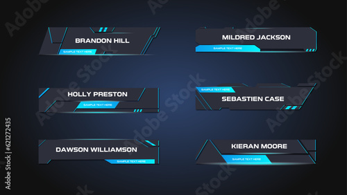 Technology futuristic lower thirds in black and neon blue colors. Sci-fi design. All texts are editable. 