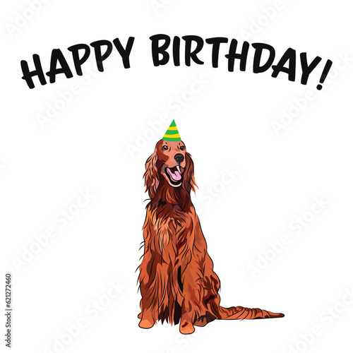 Happy birthday card with dog, holiday design. Present for a dog lover. Funny cartoon dog breed illustration.  Minimalistic white card. Fun Irish setter dog in hat character party postcard. Purebred.