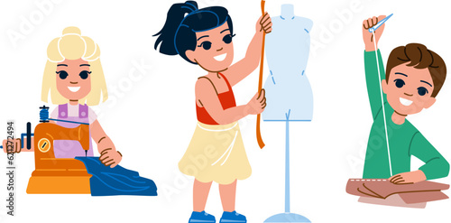 embroidery sewing kid vector. child girl, paper work, thread handicraft embroidery sewing kid character. people flat cartoon illustration