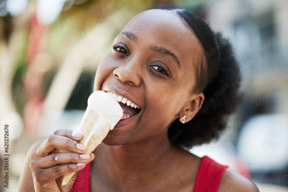 Portrait, happy black woman and eating ice cream cone for frozen dessert, cool snack and sweet food outdoor in summer. Face, smile and young female person lick scoop of melting vanilla gelato in city Portrait, happy black woman and eating ice cream cone for frozen dessert, cool snack and sweet food outdoor in summer. Face, smile and young female person lick scoop of melting vanilla gelato in city