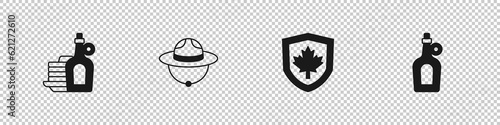 Set Syrup with pancakes, Canadian ranger hat, Canada flag on shield and Bottle of maple syrup icon. Vector