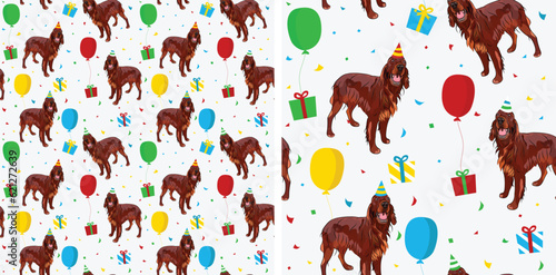 Happy Birthday Pattern with Irish setter dog in a party hat, seamless texture. Repeatable Birthday wrapping paper, white background with holiday elements. Stylish Wallpaper, present for dog lovers.