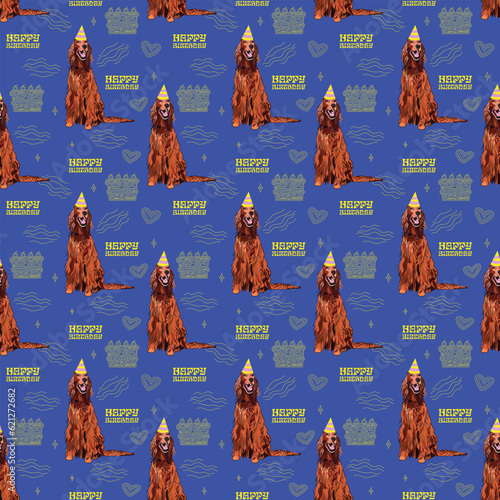 Happy Birthday Pattern with Irish setter dog in a party hat, seamless texture.Repeatable tiles, wrapping paper, blue background with Holiday elements, wallpaper with line art cake, and fancy icons.Art